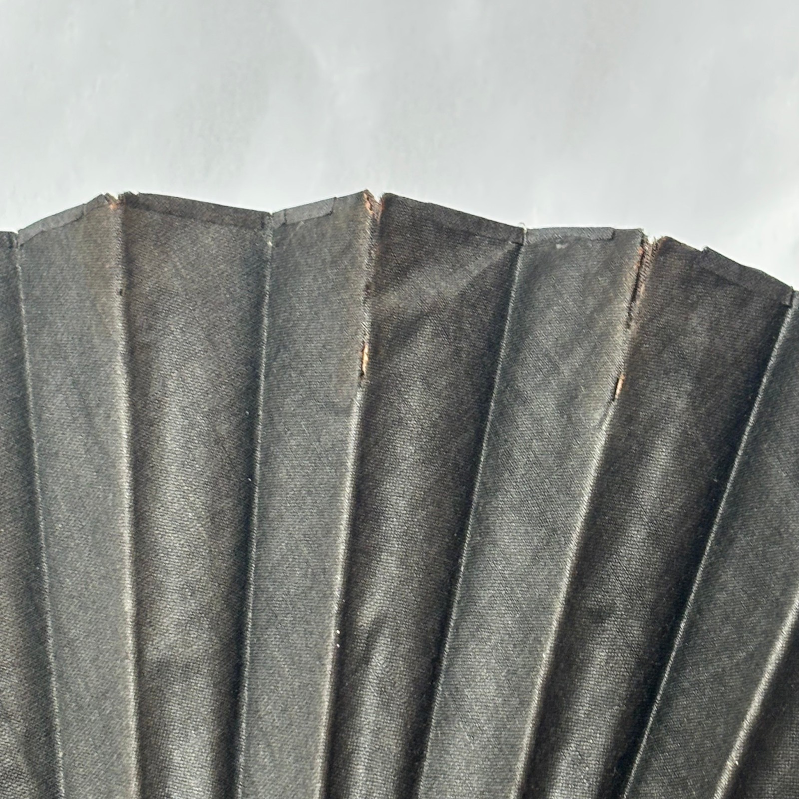 Victorian Mourning Fan Folding Black Satin Painted Flowers & Foliage Black Wood