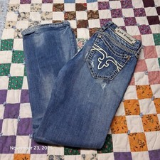 Rock Revival Heidi Boot Cut Jeans Size 31 Blue Distressed Embroidered Pockets