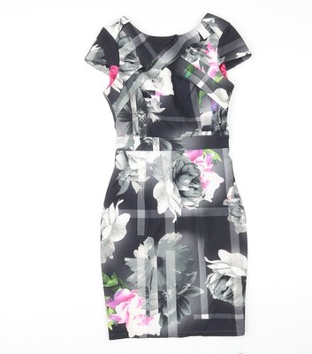 Lipsy Damen mehrfarbig Blumenmuster Polyester Etuikleid Größe 8 Rundhals Reißverschluss