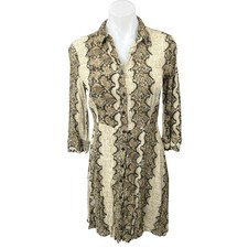 MNG Beige Cream Animal Print Snakeskin Button Down Mini Shirt Dress Size 6