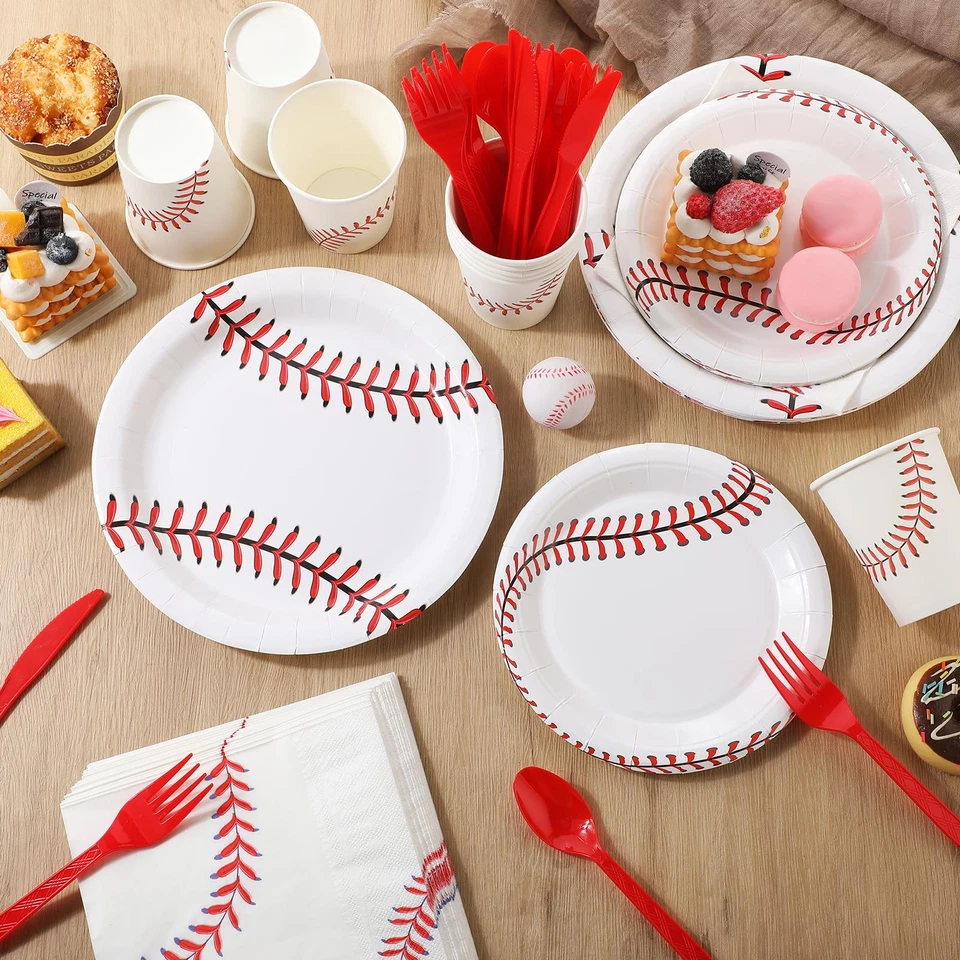 420 piezas platos y servilletas de papel para fiestas de béisbol tazas de papel cuchillos de plástico para... Foto 3 de 4