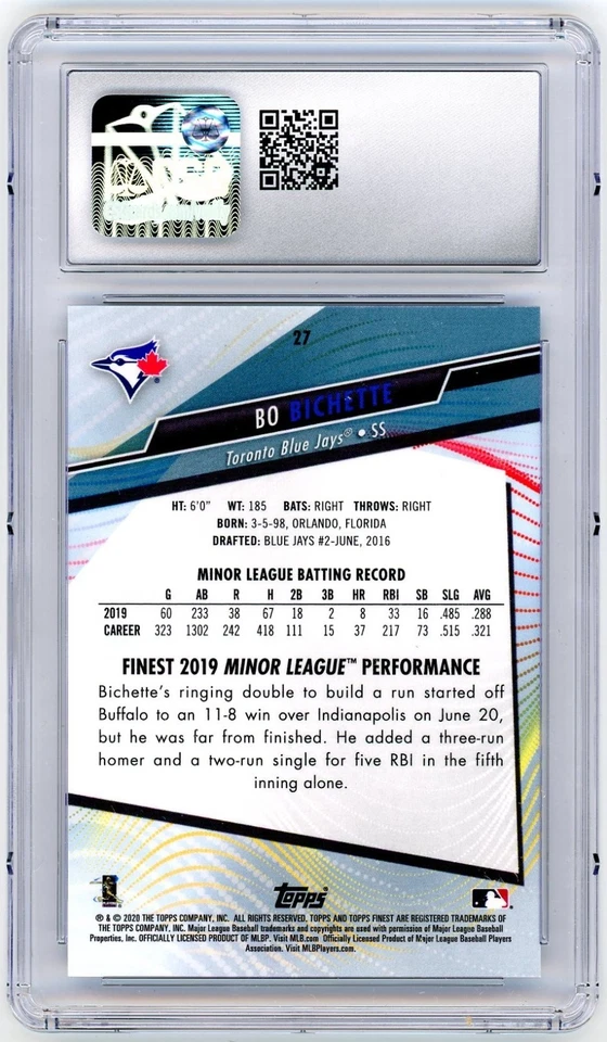 2020 Topps Finest - Bo Bichette BLUE Refractor RC /150 CSG Gem 10 Blue Jays - Image 2 of 2