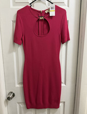 Michael Kors Pink Knit Sheath Bodycon Dress Keyhole Cutout Logo Cap Sleeve M