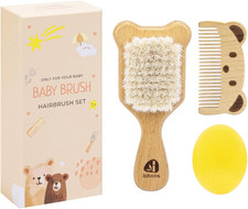 Baby Hair Brush and Comb Set for Newborns  Toddlers - Wooden Handle and Natural