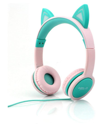 Gabba Goods Premium Kid's Girls Safe Sound LED Light Up Cat Headphones Earphone