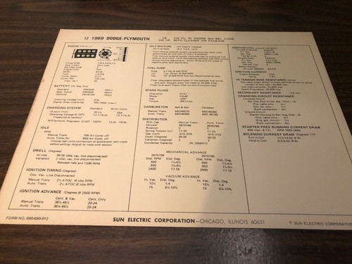 1969 Sun Electric Car Specs Sheet Chart Dodge Ford Chevy Mustang Camaro Part 1 - Picture 6 of 52