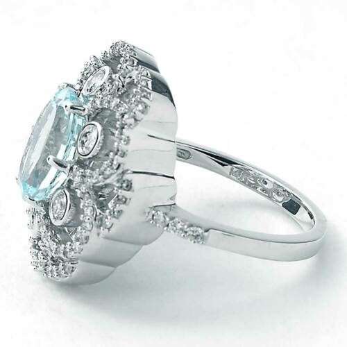 Effy Aquamarine Cocktail Ring in White Gold Floral Motif Halo - Picture 3 of 6