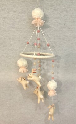 Mud Pie Bunny Crib Mobile with Pom Pom s. Soft White and Pink. Wool.