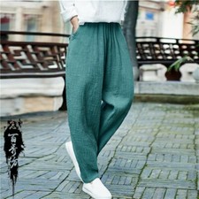 Pantaloni Harem Casual In Lino Per Donna Con Gamba Dritta Elastico E Tasche