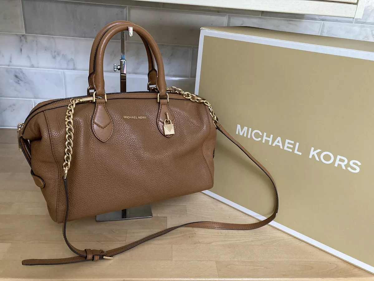 MICHAEL KORS GRAYSON BROWN LEATHER TOTE SATCHEL BOWLING BAG CONVERTIBLE GOLD VGC