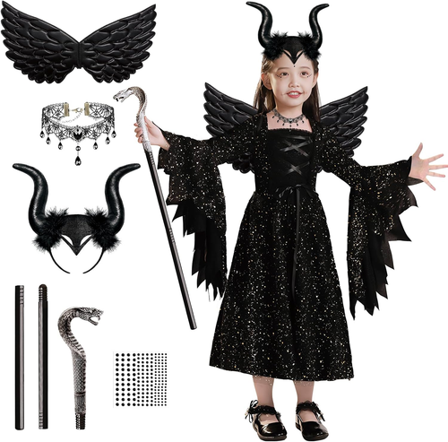 Malefica Costume per Bambina, 6 Pezzi Vestito Halloween Strega Cattiva Bambina C - Foto 10 di 12
