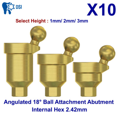 10-Pack DSI Angulated Ball Attachment Adapter Heads - 18°, Int Hex 2.42mm, For Dental Implants (Titanium)