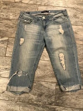 Vigoss capri Denim Jeans 5 Back Flap Pockets Distressed Cropped Boho Hippie