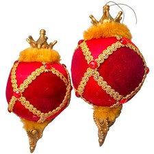 Vintage Red Velvet Ornate Jeweled Christmas Ornaments Tufted Gold Crown Large 8"