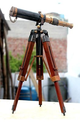 Antique Brass Leather Telescope Nautical With Stand Wooden Tripod Vintage Gift