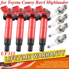 4Pack UF333 Ignition Coils and Spark Plugs Fit Toyota Camry Rav4 Highlander 2.4L