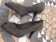Ladies Zara Shoes Grey Suede Peep Toe Heels With Hidden Platform Studded Detail 