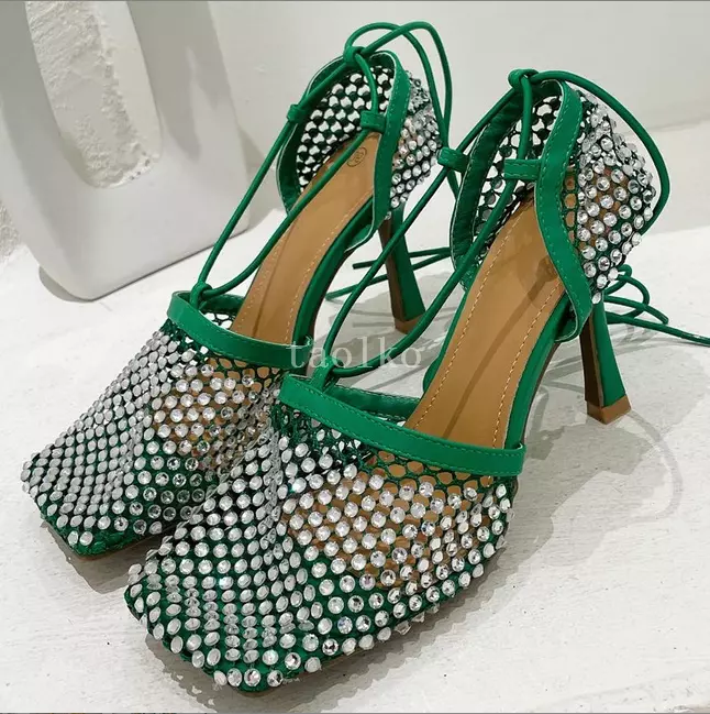 Women's mesh stiletto heel sale peep toe pumps with rhinestone