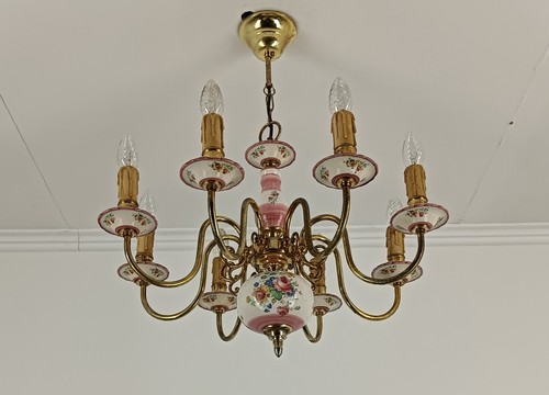 Romantic Italian Chandelier pink porcelain flower pattern Brass 8 lights arm vi - Picture 6 of 12