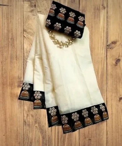 Mujer Elegante Algodón Liso Estampado Borde Sari Con Blusa PC Beige Negro - Imagen 3 de 4