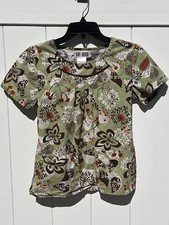 Cherokee Scrubs Top. Olive Green, Floral Pattern X Small