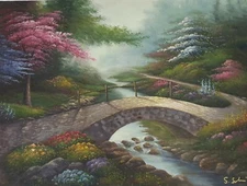 Beautiful River Bridge Scenery Hand-Painted High-Quality Oil Painting 30x40"