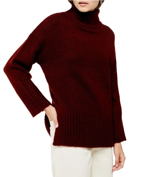 TOPSHOP Funnel Mock Neck Sweater Sz 12 Dark Red Split Hem Soft