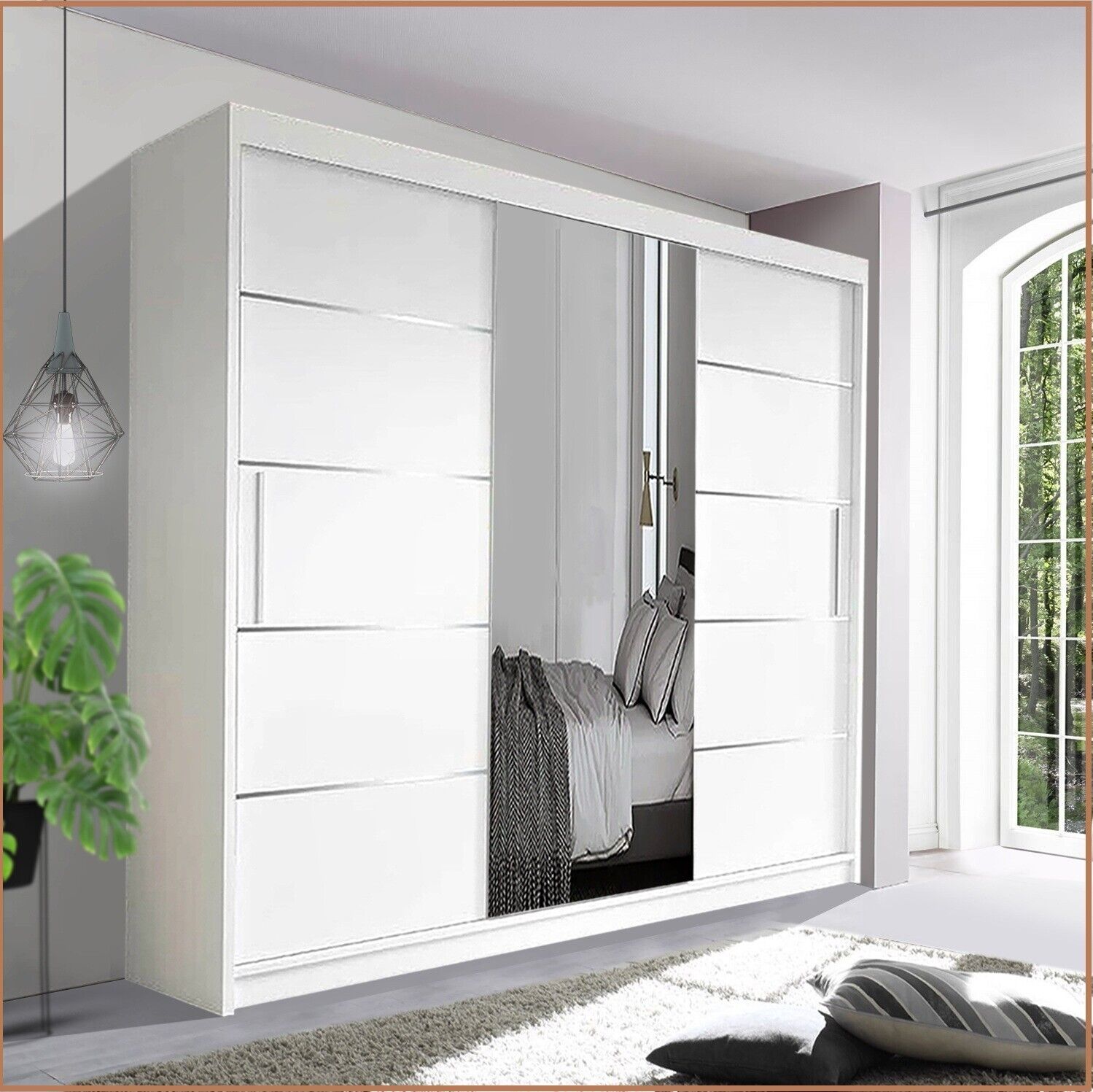 BEAUTIFUL SLIDING DOOR WARDROBE 7 ft 8 (233cm) MULTI F13 ALL WHITE TWO BIG MIRRORS, INTERCHANGEABLE DOORS, YOU DECIDE ON THE FINAL EFFECT, 4 SIDE COLOURS TO CHOOSE FROM (Sonoma Oak) 11 Sliding Wardrobe with Mirror Doors | Modern Sliding Door Wardrobe for bedrooms
