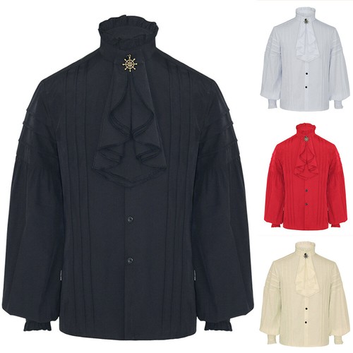Men Medieval Pirate Shirt Puff Long Sleeve Top Blouse Vampire Pleated Front Soft - Picture 2 of 14