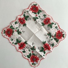 VTG 1950  s 60  s Holiday Christmas Poinsettia Handkerchief Hankie Mint With Tags