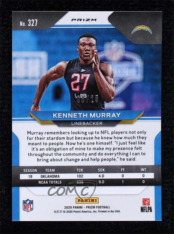 2020 Panini Prizm FOTL Blue Shimmer /25 Kenneth Murray #327 Rookie RC - Image 2 of 2