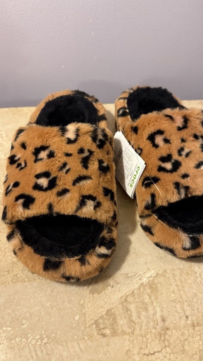 Authentic Crocs Classic Flip-flops Slipper Leopard Faux Fur Slide