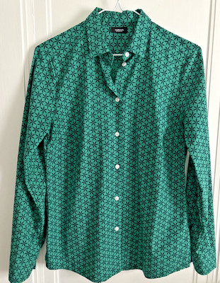 6 No-Iron Green Blouse with Navy Pattern, High Quality German Brand EUC
