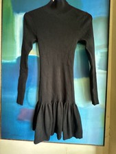 Zara Black Ribbed Knit Mock Neck Long Sleeve Ruffle Hem Mini Dress Size M