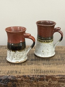 2- Studio  Art Pottery Coffee Mug Set Tri Colored 12oz / 14oz Signed