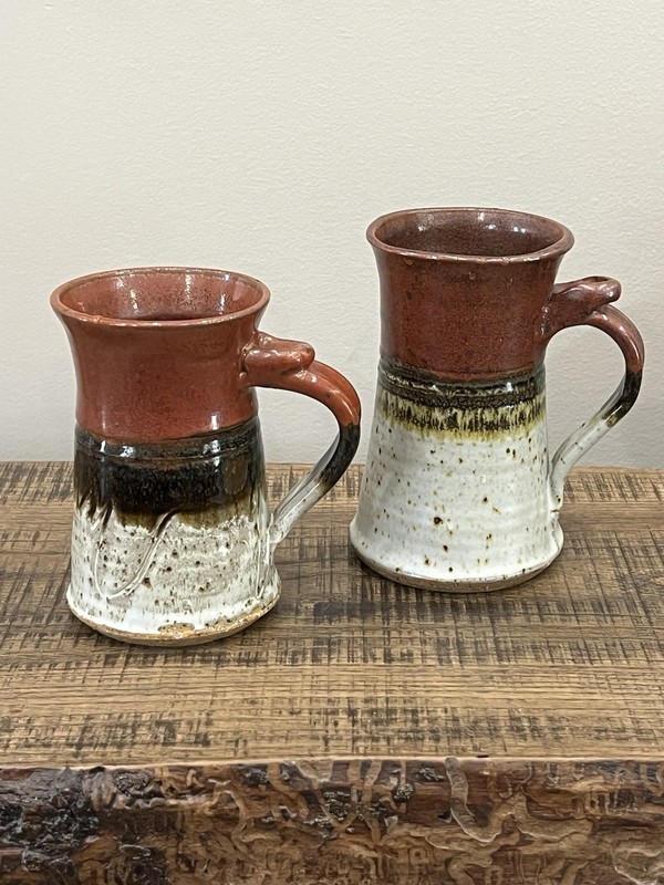 2- Studio  Art Pottery Coffee Mug Set Tri Colored 12oz / 14oz Signed