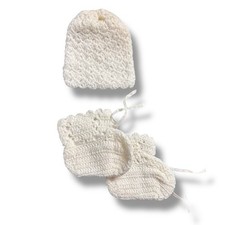 Vintage 80  s Handmade OOAK Christening Cap and Booties Unisex New Born Set