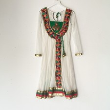 Indian Anarkali Embroidered White Mesh Dress Green Red Gold Approx Sml