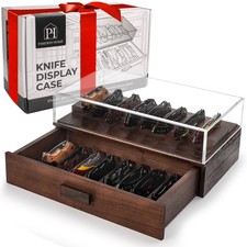 Pocket Knife Display Case for 16 Knives - Wooden Knife Collection Case Clear ...