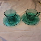 Jeannette Depression Glass Ultramarine Swirl Petal TWO Cup Saucer Set - Smooth