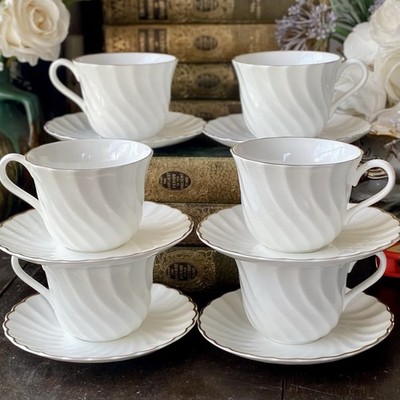 Wedgwood  Gold Chelsea  Tea Cup / Coffee Cups Set x6 Duos White Modern Vintage