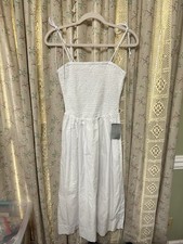 ASTR The Label White Smocked Cotton Midi Dress Tie Strap Pockets NWT Small