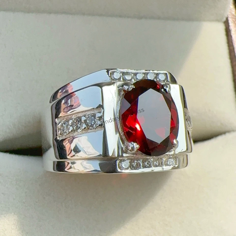 Piedras preciosas de granate rojo natural con anillo de plata de ley 925 para anillo elegante para hombre Foto 3 de 4