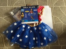 RUBIES DC COMICS WONDER WOMAN COSTUME GIRLS XS 4/5 DRESS CAPE TIARA NEW