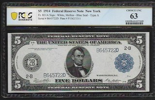 $5 FRN series 1914 PCGS Choice Unc 63
