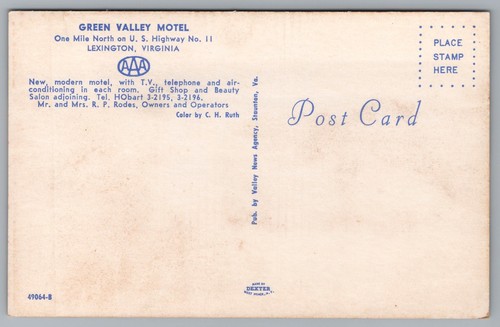 The Green Valley Motel, Street View & Entrance in Lexington VA. Postcard TS-111 - Picture 2 of 2