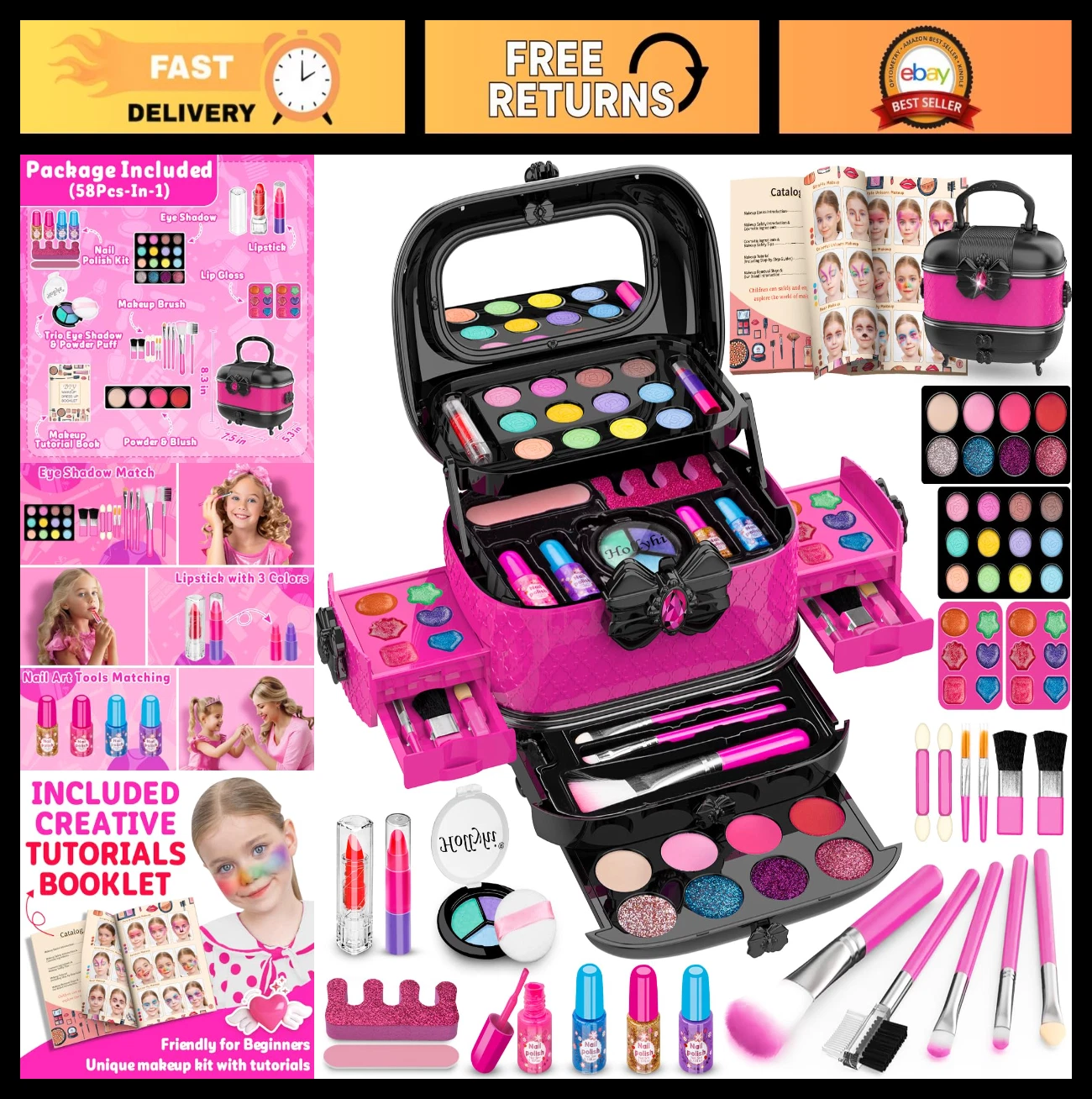 58 Pcs Kids Makeup Kit - Washable Cosmetic Set with Mirror, Princess Toys for Gi
