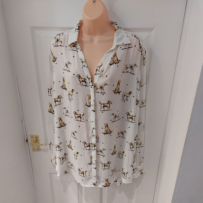 #ad #ad TU Sainsbury#x27;s Shirt Cream Dog Print Long Sleeve dip hem Blouse Size UK 18 GBP 14.00