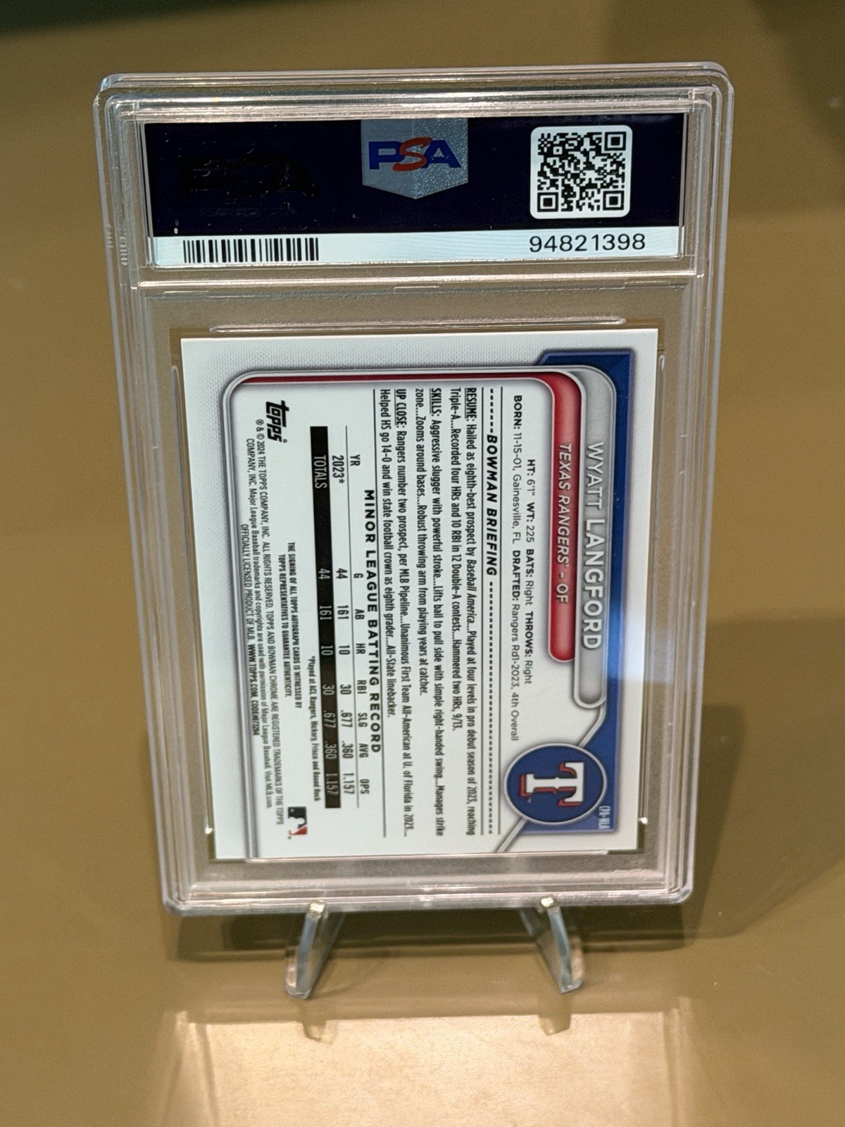 2024 Bowman - Chrome Prospect Auto Wyatt Langford #CPA-WLA HTA Choice /150 GEM! view 2