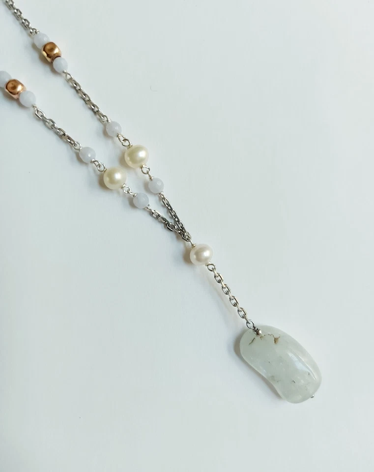 collana in argento 925 con acquamarina, calcedonio e perle bianche - Immagine 2 di 3